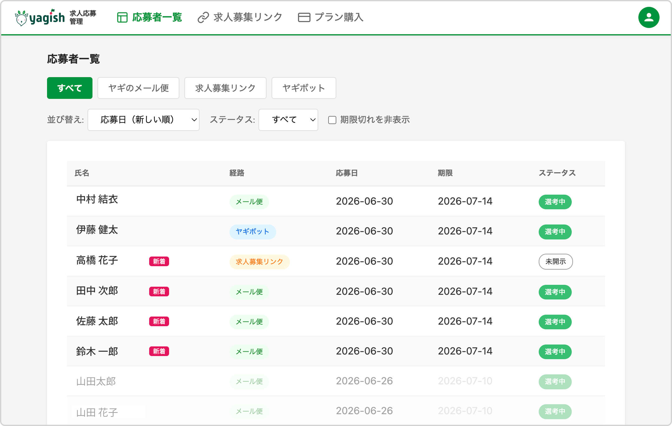 応募者一覧ページ